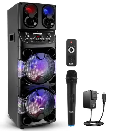 Pyle 600W Dual 10” Portable Bluetooth PA Speaker System - Remote Control Rechargeable Indoor/Outdoor BT Karaoke Audio System -LED Display, FM/AUX/MP3/USB/SD, 1/4" in, Handle, Wheels -Wireless Mic